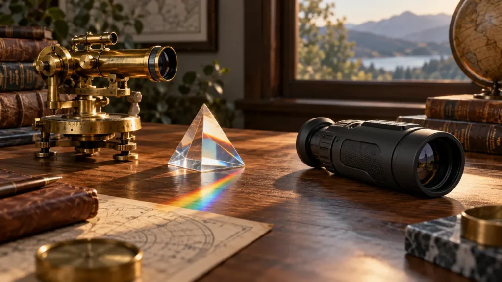 Modern monocular beside a glass prism and an archival optical instrument