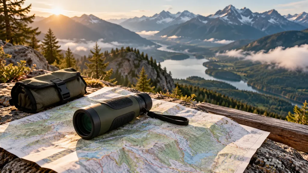 Compact optical monocular resting on a hiking map with mountains beyond