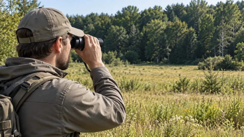 Wildlife observer using a compact monocular beside a sunlit meadow