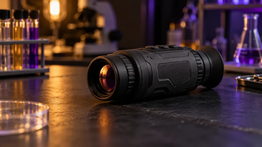 Unbranded thermal monocular on a laboratory bench under warm and cool lighting