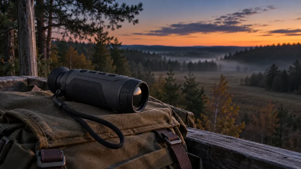 Thermal monocular on a field bag overlooking a woodland clearing at dusk