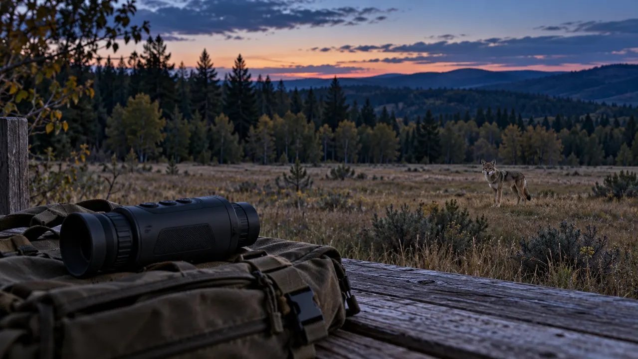A woodland meadow at dusk with a coyote in the distance and observation equipment in the foreground
