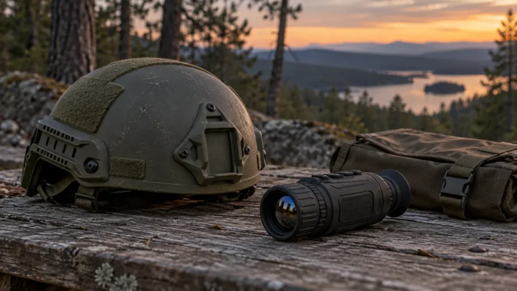 Outdoor helmet beside a separate compact thermal monocular and field bag
