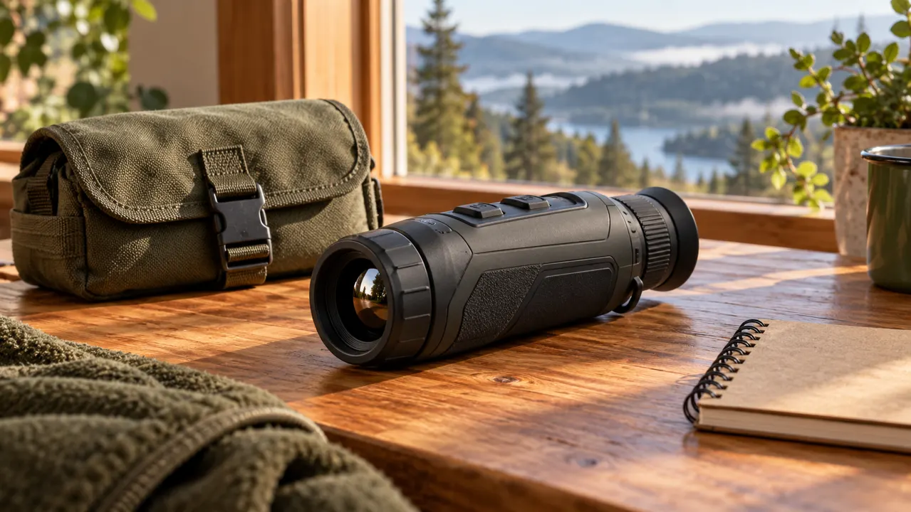 Compact monocular and canvas pouch on a wooden table beside a window