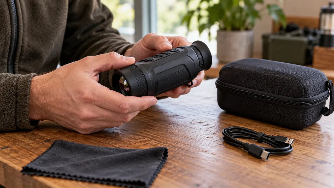 Hands inspecting a compact monocular beside its case and charging cable