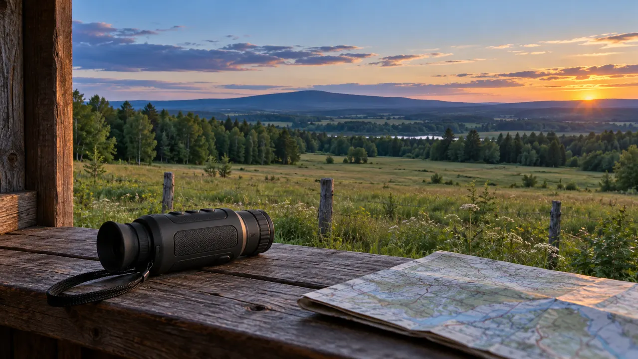 Thermal monocular on an observation ledge overlooking fields and a distant ridge