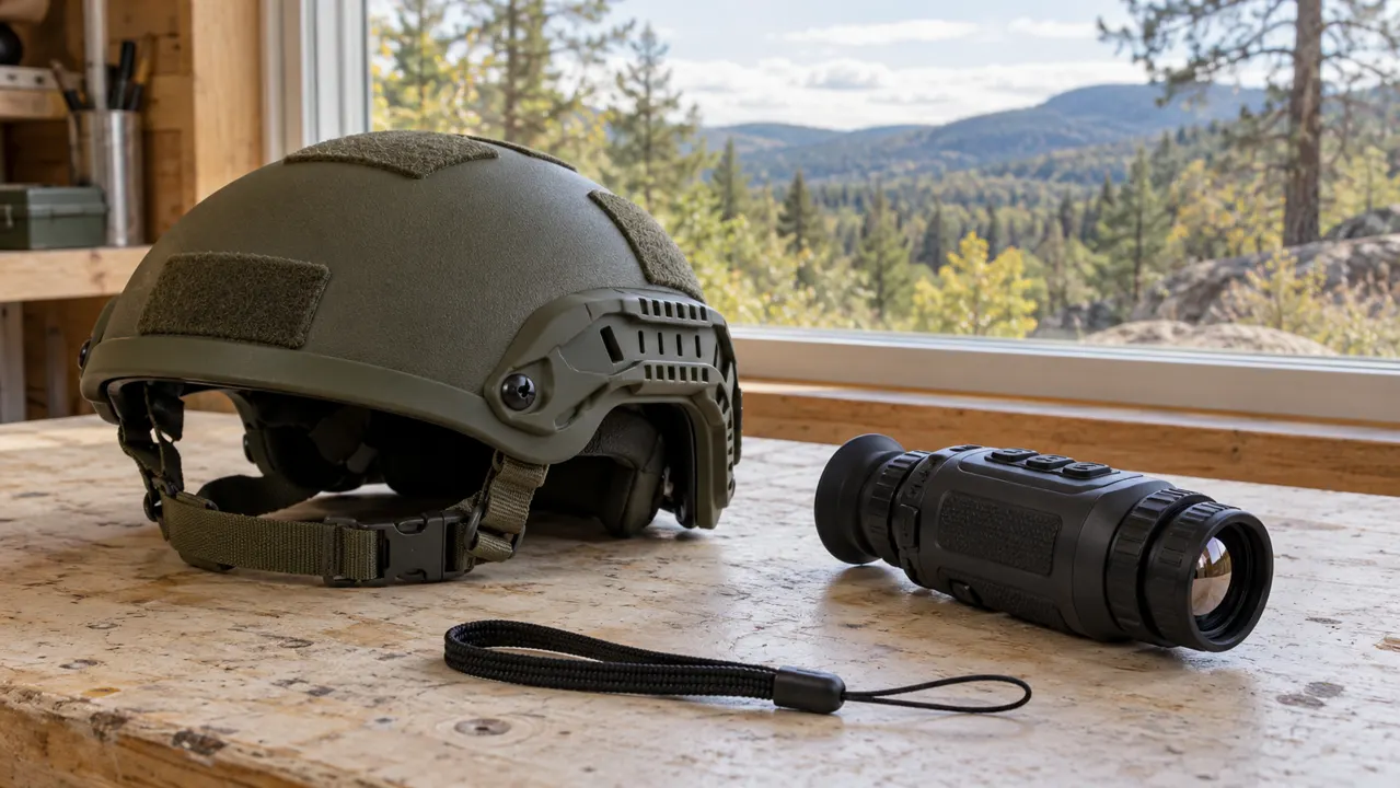Outdoor helmet and separate handheld monocular on a workshop table