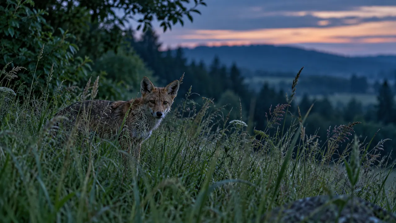 Wild canid partly concealed by grass at a woodland boundary at dusk