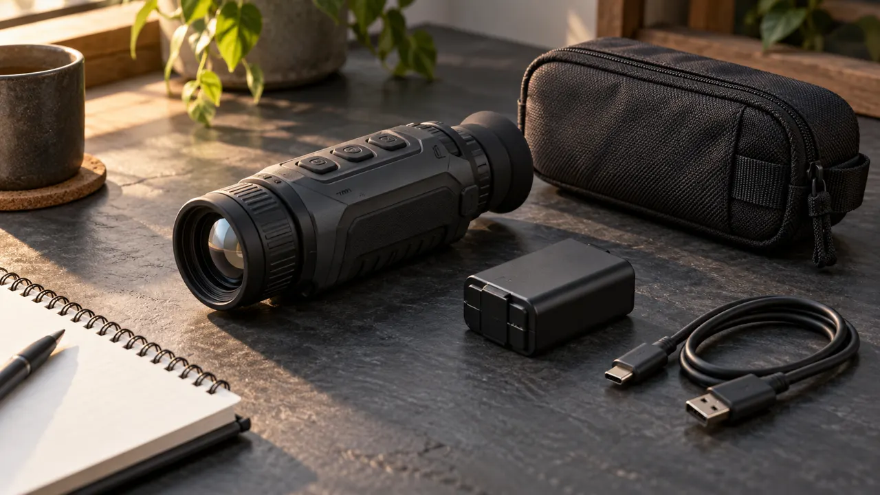 Thermal monocular with a battery, charging cable, pouch, and notebook